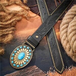 Unisex Western Black Leather Belt with Embossed Gemstone Pattern & Metal Buckle